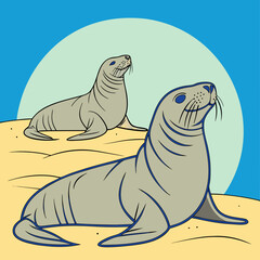 Elephant seals sunbathing on the beach vector art featuring detailed, high-quality illustrations ideal for digital and print projects.