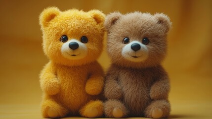 Two teddy bears are sitting next to each other on a yellow background