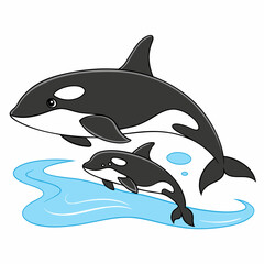 A heartwarming vector artwork of a mother orca swimming gracefully with her newborn baby, showcasing a serene underwater bond.
