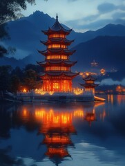 Obraz premium Luminous traditional Chinese temple stands on lake at night. Ornate architecture reflects in calm water. Mountains rise in background. Warm golden light emanates from building. Peaceful serene scene.