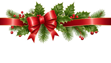 Christmas ribbon with branches of trees and berries of holly on a white background with red ribbons