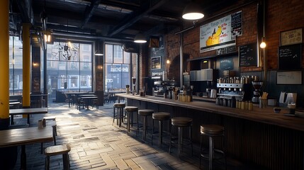 A dimly lit coffee shop with a bar and exposed brick walls