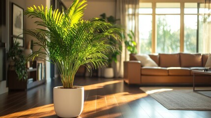 Fototapeta premium Sunlit living room with potted palm plant.