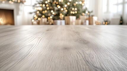 Empty Wooden Table with Christmas Tree and Fireplace Background