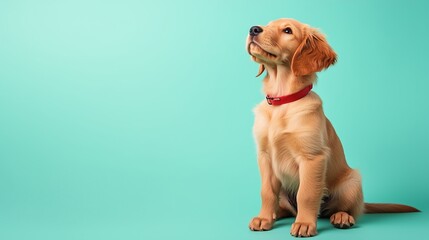 Golden retriever puppy wearing a red collar, sitting against a mint green background and looking up.