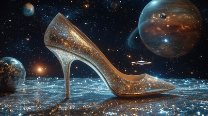 Elegant high heels with augmented reality features floating in space with celestial bodies