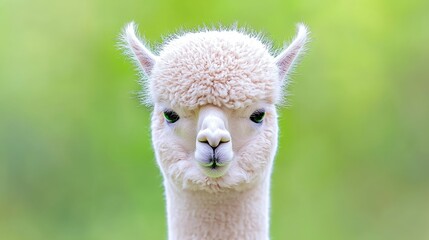 Obraz premium Close-up portrait of a white alpaca against a blurred green background.