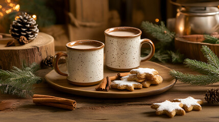 Fototapeta premium Hot cocoa with cookies and rustic Christmas decor