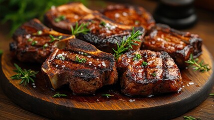 Grilled lamb chops with herbs on wooden board.