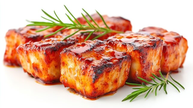 Grilled halloumi cheese with rosemary on white.