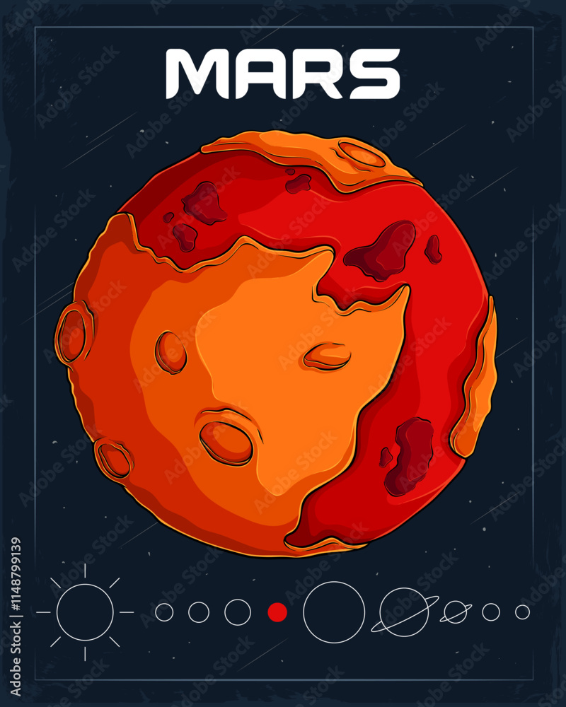 Poster hand drawn fiery energetic reddish mars planet in outer space full of comet and asteroid, red planet