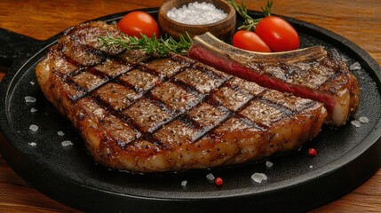 Grilled rib eye steak with herbs and tomatoes.
