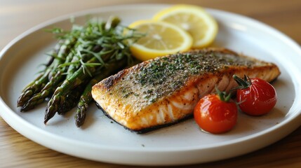 Grilled salmon fillet with asparagus, tomatoes, and lemon. (1)