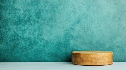 Wooden podium against teal textured wall.