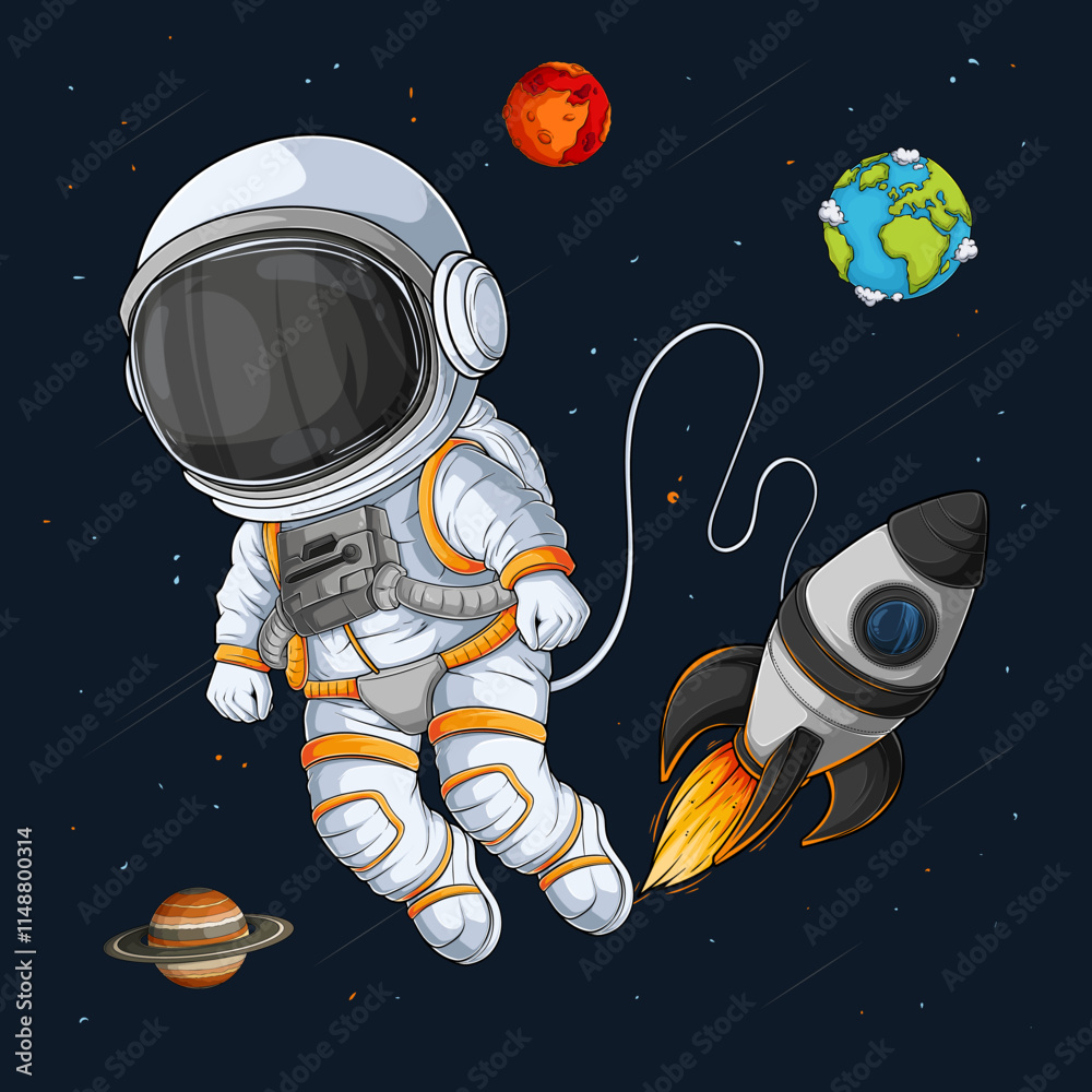 Poster hand drawn astronaut in spacesuit floating in outer space universe over space rocket and planets