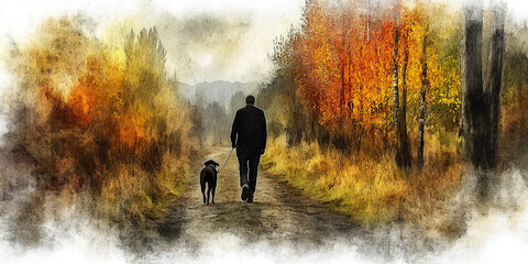 peaceful scene of person walking dog through colorful autumn landscape, surrounded by trees and nature beauty