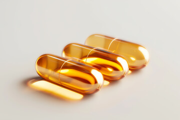 Modern, translucent amber-colored medicine capsules with reflective highlights, on light background. Perfect for health, pharmaceutical, and medical design themes. Copy space. 