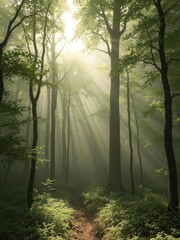 Fototapeta premium Misty green forest, sunlight dappling through fog, backdrop, morning, ethereal