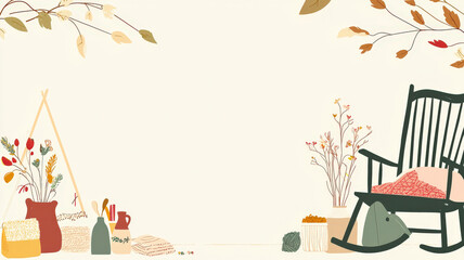 A cozy illustration showcasing a rocking chair, knitting supplies, and flower vases, creating a warm and inviting atmosphere, with a blank space in the middle for text, perfect for a homely and loving