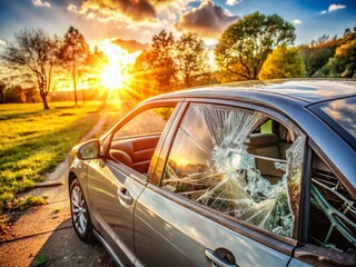 Fototapeta premium Broken Car Back Window, Gray Sedan, Sunny Day Damage, Auto Glass Repair, Rear Window Shattered, Car Window Replacement, Sun Through Broken Glass, 4 Door Sedan Damage