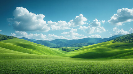 serene landscape of lush green hills and expansive meadows under a bright blue sky with fluffy white clouds, symbolizing peace, tranquility, and harmony in nature