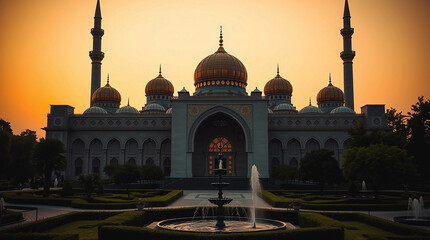 Stunning Mosque at Sunset with Fountains and Gardens