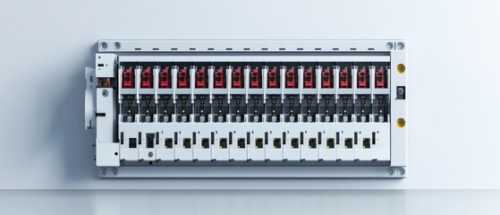 Modern Electrical Panel: Sixteen Circuit Breakers in a Sleek White Enclosure
