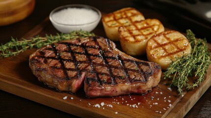 Grilled steak with waffle fries, thyme, and salt.