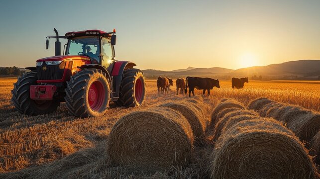 Red tractor and cows in a golden field at sunrise: harvest and agriculture scene