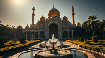 Stunning Mosque at Sunset with Fountains and Gardens