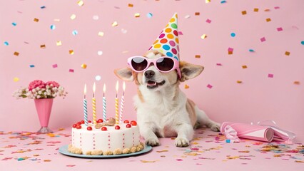 Playful Dog in Sunglasses Celebrating Birthday with Cake and Confetti &ndash; Vibrant Party Scene.