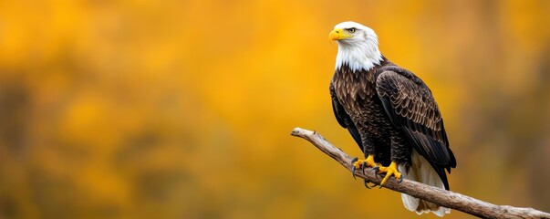 Fototapeta premium Bald eagle perched on a tree branch against a yellow blurred background. Wildlife photography with natural setting.