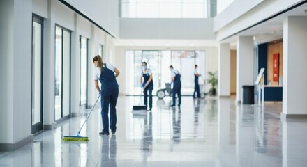 Professional cleaning crew maintaining office building's shiny floors