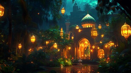 Naklejka premium Enchanted Mosque Garden Night Scene Illuminates Lush Tropical Foliage