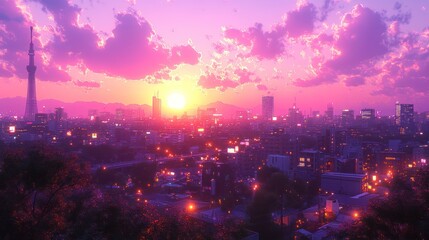 Fototapeta premium Vibrant sunset over a city skyline.