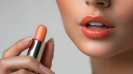 Obraz premium Close Up Person Applying Lip Balm on Plain Background Emphasizing Lip Care Self Care with Copy Space