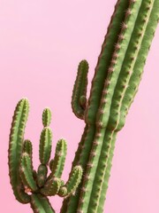 Vibrant green cactus plant against a soft pink background, pastel,cactus
