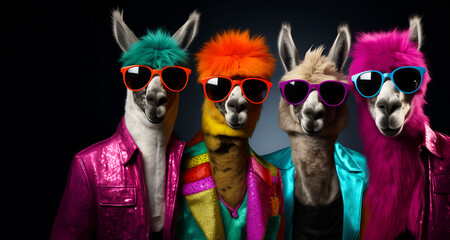 Creative animal concept. Group gang of llama in sparkly rock punk neon bright colour outfit, copy text space. commercial, editorial advertisement party invitation invite	
