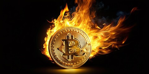 Burning Bitcoin, Fiery Crypto, Gold Bitcoin Fire, Crypto Inferno, Digital Gold Blaze, Black Background Bitcoin