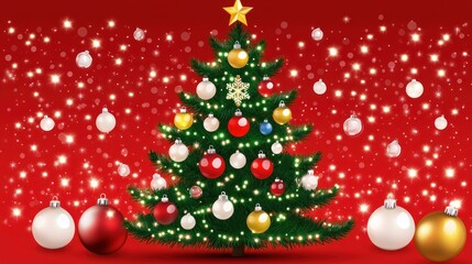 Obraz premium Christmas Tree with Ornaments and Sparkling Lights on Red Background