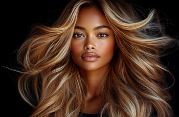 Obraz premium Beautiful African American woman with long blonde hair posing for a product photo on a black background, with her hair flowing straight and loose. Natural Beauty