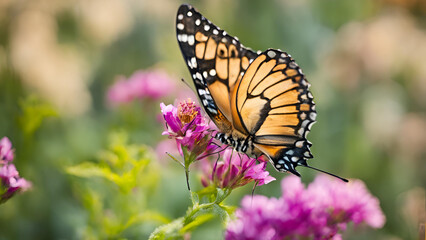 Fototapeta premium A lovely butterfly perched upon a flower in a summer garden