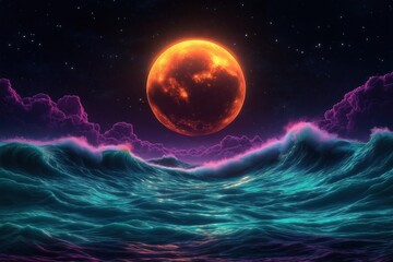 Obraz premium Surreal cosmic landscape features vibrant teal, magenta waves under glowing large moon. Starry night sky, colorful clouds. Futuristic, dreamy aesthetic. Vivid colors create unique, atmospheric scene.