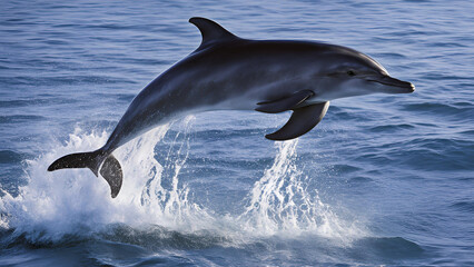 Obraz premium An adult of the species Tursiops truncatus, commonly referred to as the bottlenose dolphin, is seen performing a leap