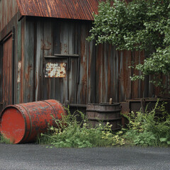 Naklejka premium Capture haunting beauty of decaying urban scene with rusted barrels, overgrown plants, and weathered building
