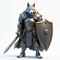 Determined Wolf Warrior in Dark Plate Armor with Battle Equipment against White Background