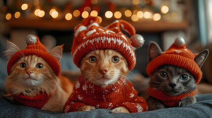 Fototapeta premium Pet-Friendly New Year Celebration: Families with Dogs in Party Hats and Cats Playing with Festive Decorations