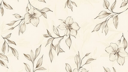 Fototapeta premium A delicate pattern featuring hand-drawn flowers and leaves on a light cream background, showcasing an artistic and organic design that evokes a sense of nature and creativity.