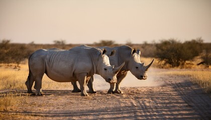 Fototapeta premium Two white rhinoceros, rhino portrait, wildlife safari and game drive in the Kalahari desert
