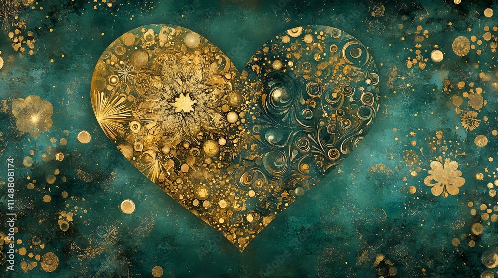 Wall mural deep emerald and gold valentine abstract design with intricate patterns, soft glowing sparkles and a
